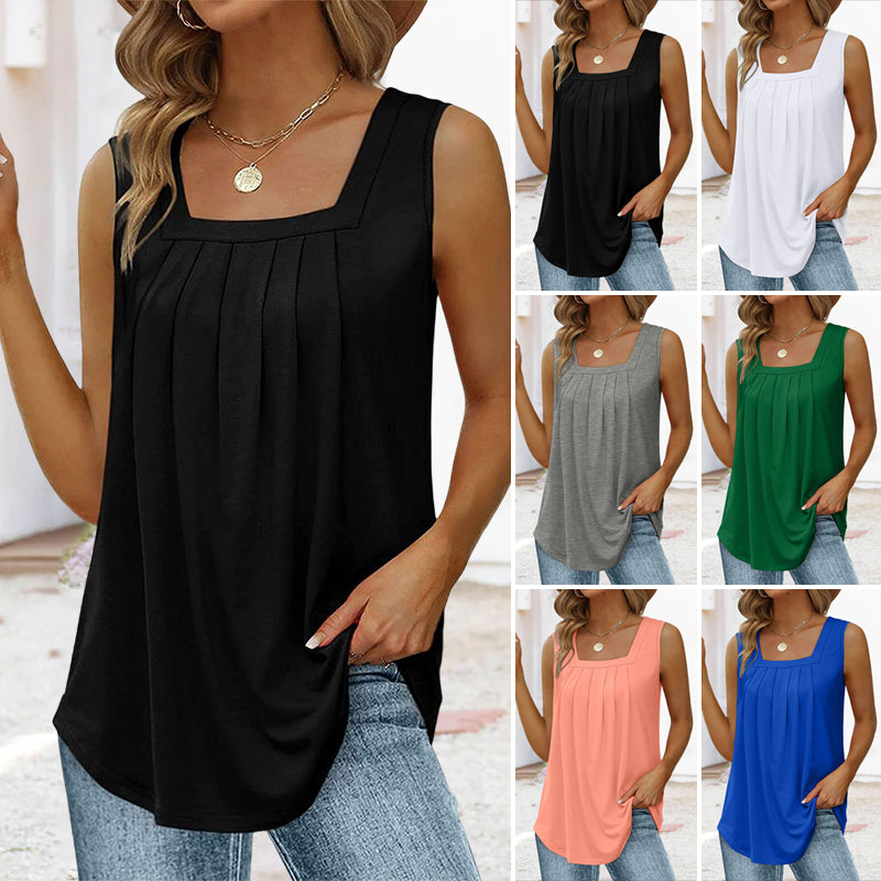 📢👚 PROMO FLASH 55% ! Débardeur Sans Manches à Col Carré – Tissu Doux, Plis Devant, Coupe Ample, 6 Coloris, Tailles S-2XL, Idéal Quotidien & Plage ✨