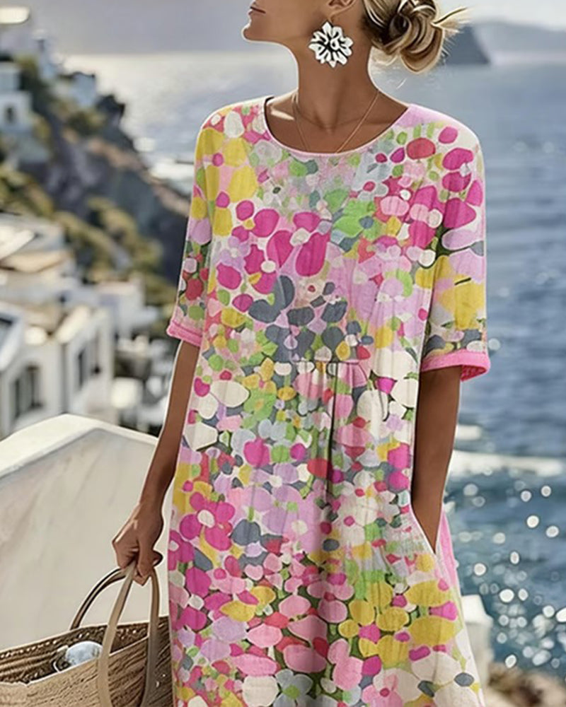 Robe Midi Femme Coton Lin Imprimé Floral Abstrait Poches Manches Courtes