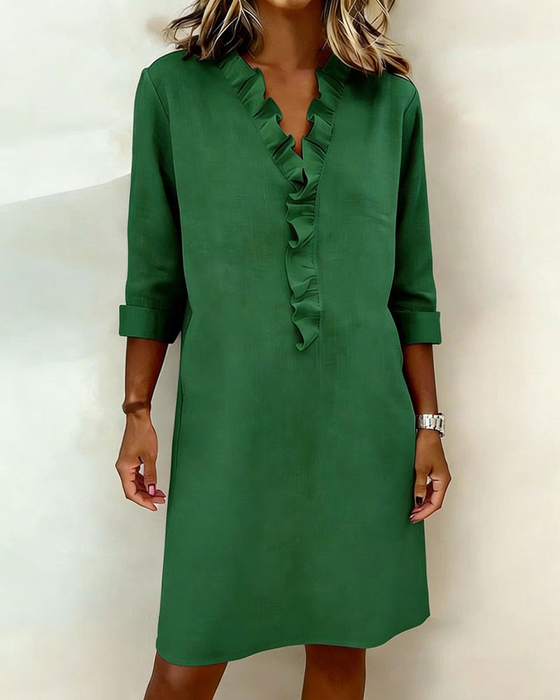 Robe Femme Col V Volants Coupe Droite Chic Décontractée