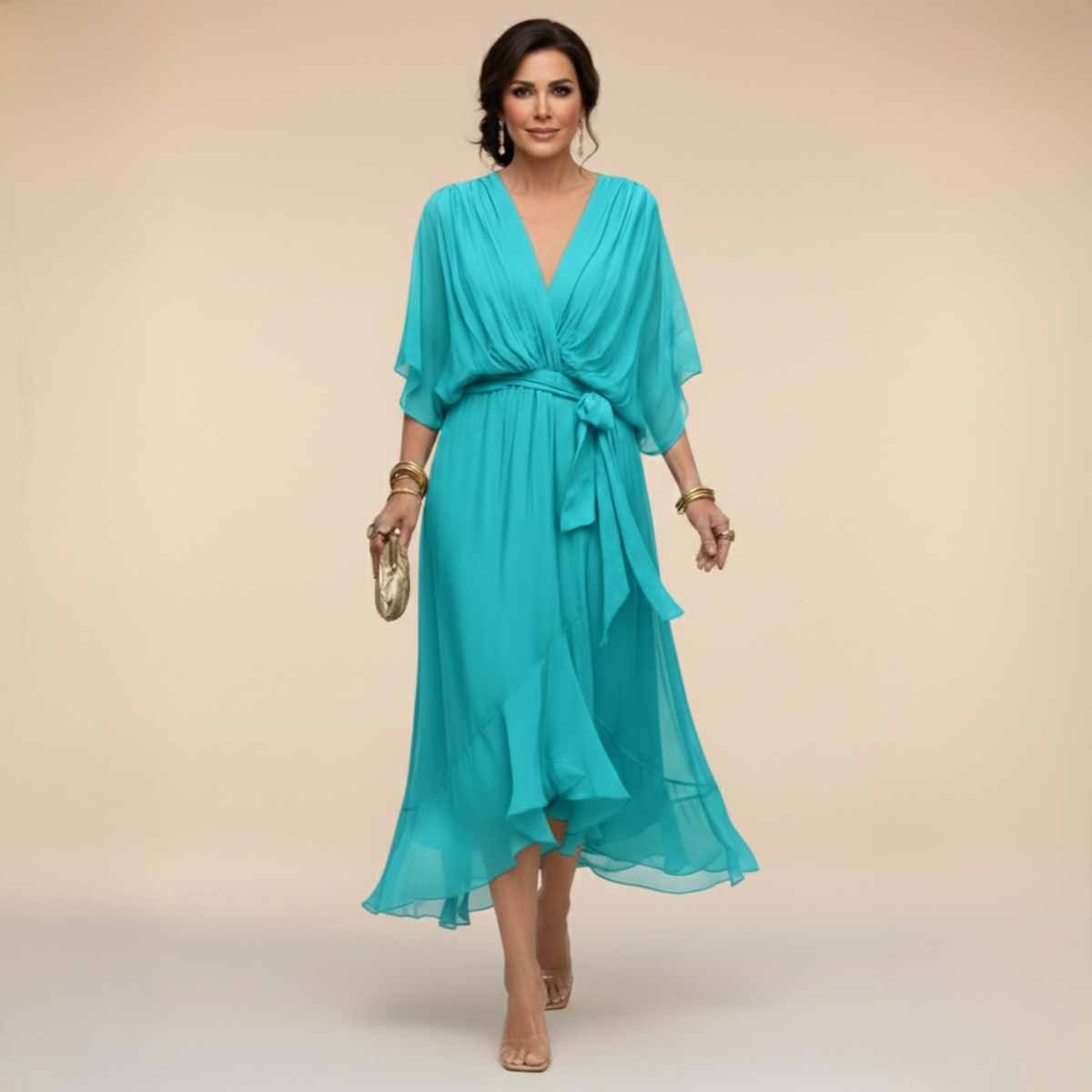 Robe Femme Chiffon Fluide Col V Coupe Élégante Ceinturée