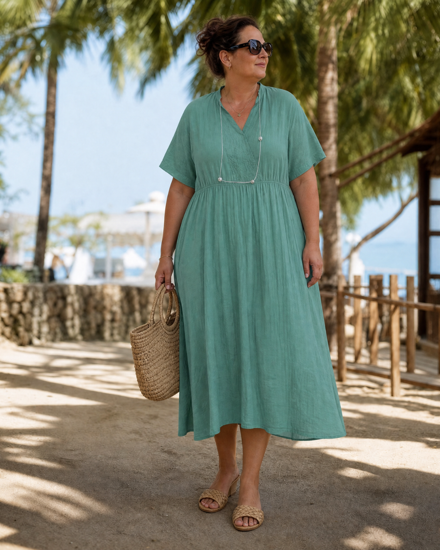 Eupherene — Robe Midi Texturée Col V Manches Courtes