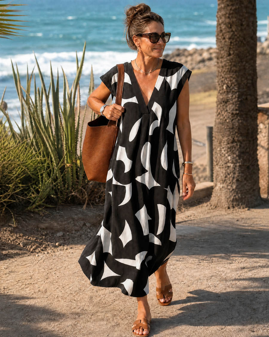 Verain — Robe Midi Fluide Col V Imprimé Abstrait