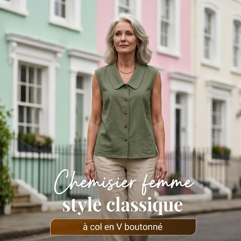 🔥-50%👚 Chemise Femme Boutonnée Col V – Sans Manches Tissu Léger Coupe Décontractée🤍pour un look décontracté chic au quotidien