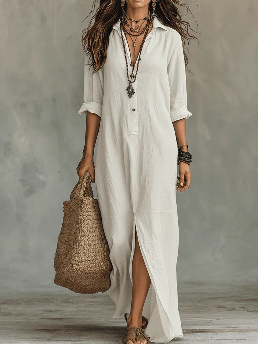 Robe Femme Longue Fluide Boutonnée Col Chemise Élégance