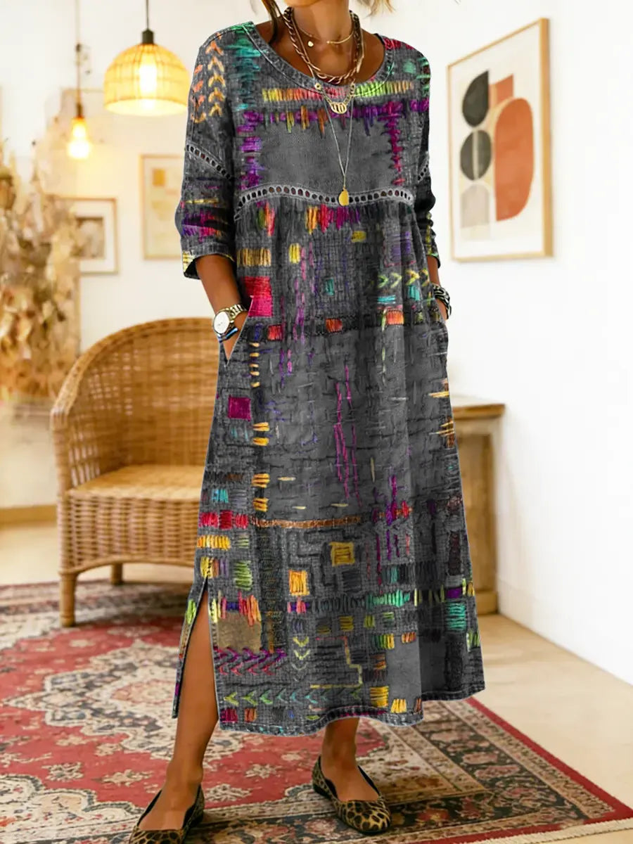 Robe Femme Denim Fluide Patchwork Ethnique pour Style Bohème et Élégant Quotidien