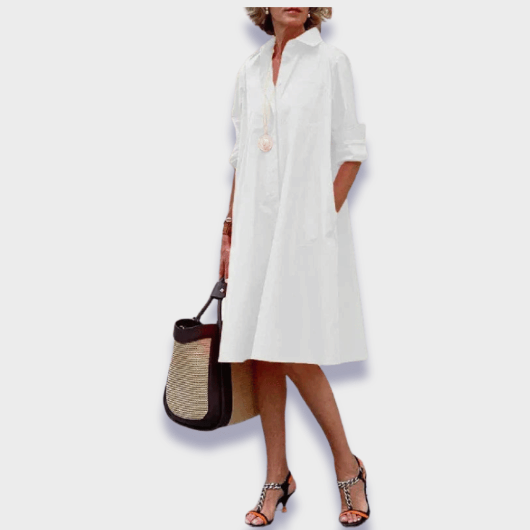 Robe femme polo fluide col chemise manches longues élégante décontractée