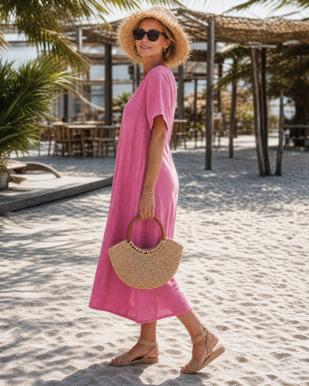 Thamal — Robe Midi Col V en Coton Lavé