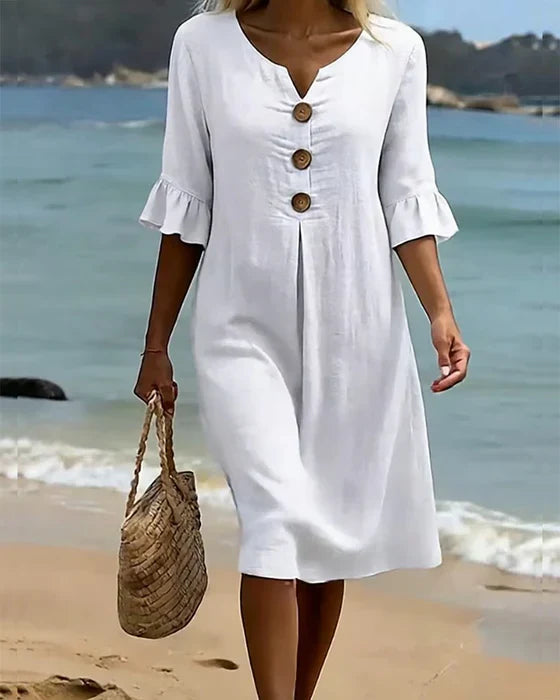 Robe Femme Coton Lin Boutonnée Manches Volantées Style Estival