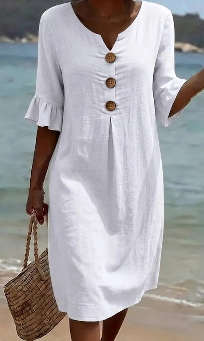 Robe Femme Coton Lin Boutonnée Manches Volantées Style Estival