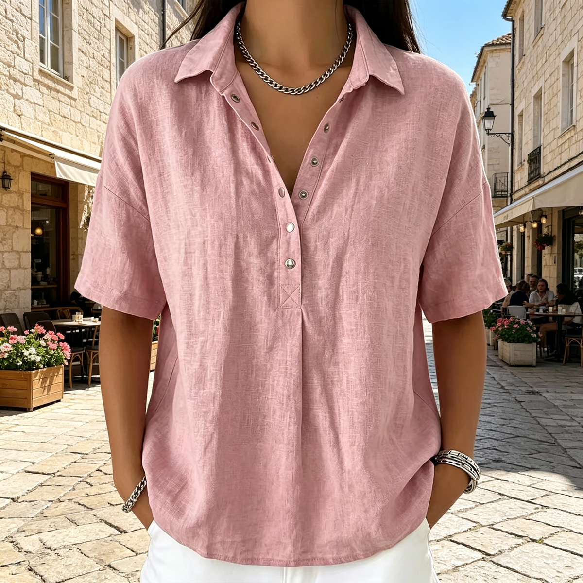 🔥-50%👕 Chemise Femme en Lin Manches Courtes – Col Rabattu Demi-Boutonnée🌿 style chic décontracté pour le quotidien