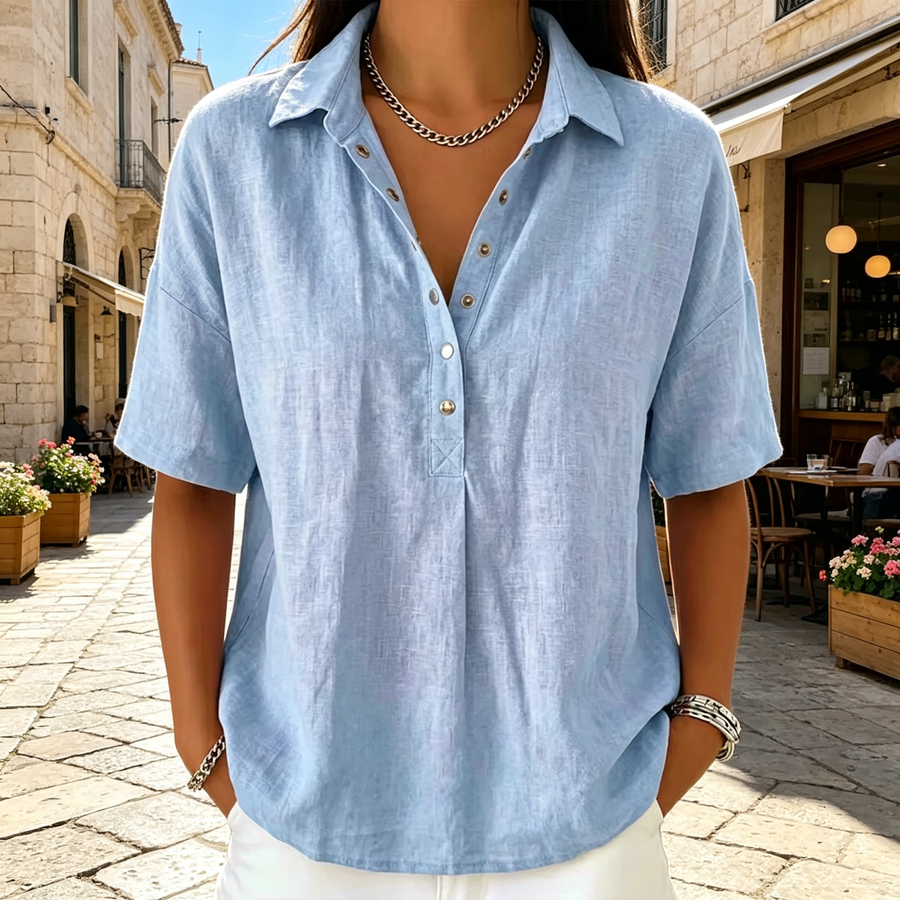 🔥-50%👕 Chemise Femme en Lin Manches Courtes – Col Rabattu Demi-Boutonnée🌿 style chic décontracté pour le quotidien
