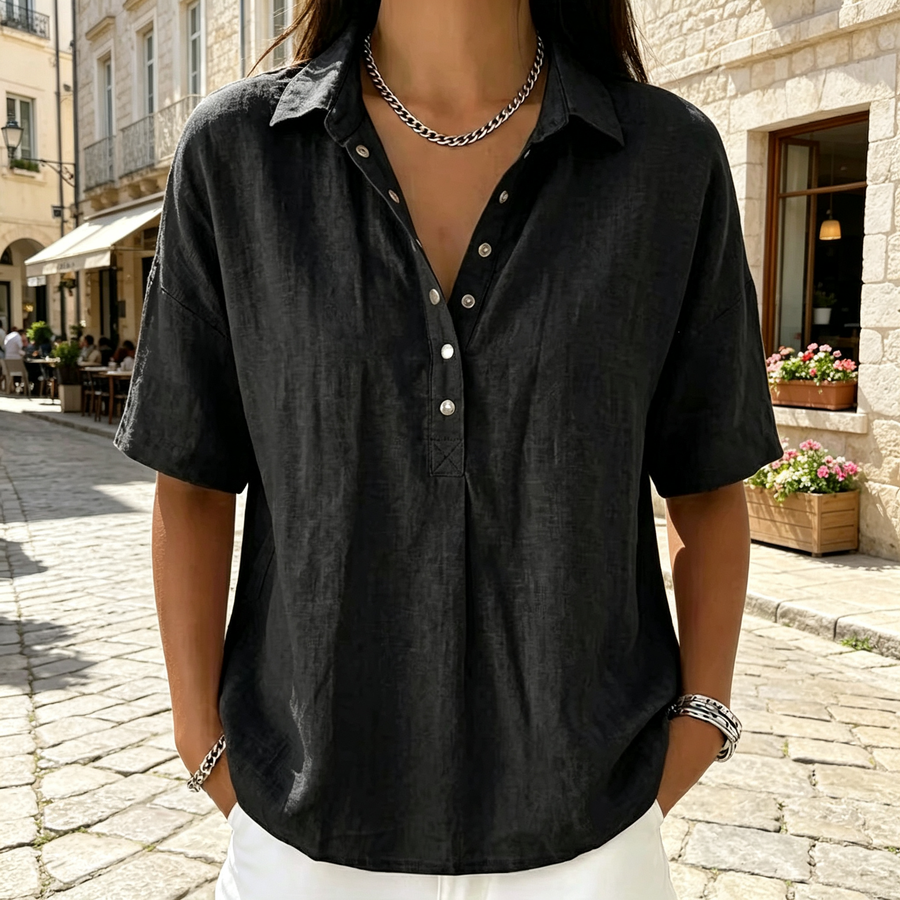 🔥-50%👕 Chemise Femme en Lin Manches Courtes – Col Rabattu Demi-Boutonnée🌿 style chic décontracté pour le quotidien