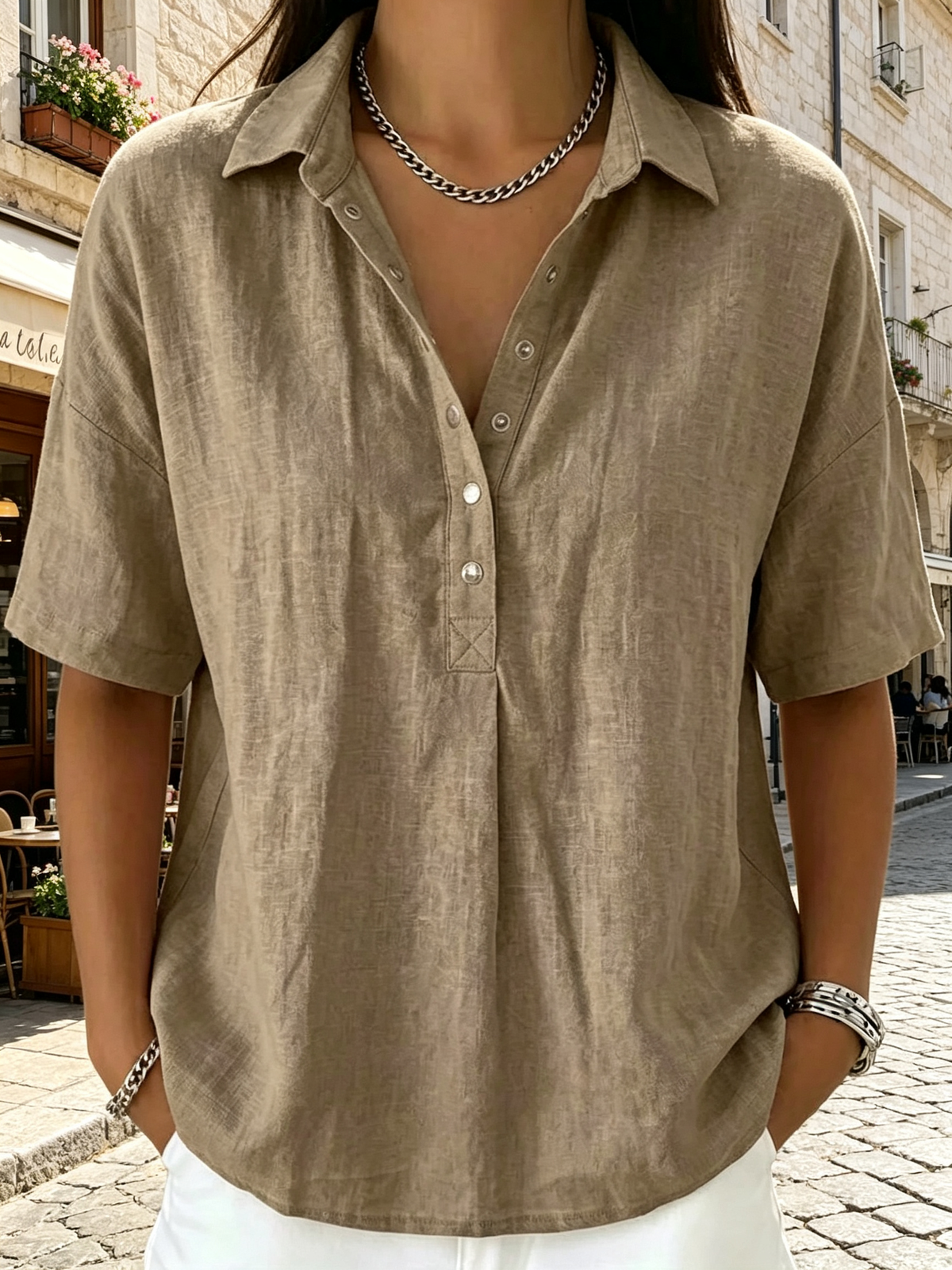 🔥-50%👕 Chemise Femme en Lin Manches Courtes – Col Rabattu Demi-Boutonnée🌿 style chic décontracté pour le quotidien
