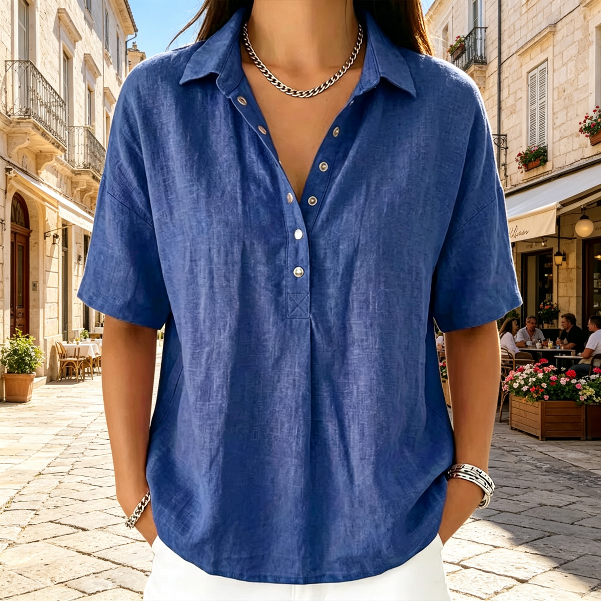 🔥-50%👕 Chemise Femme en Lin Manches Courtes – Col Rabattu Demi-Boutonnée🌿 style chic décontracté pour le quotidien