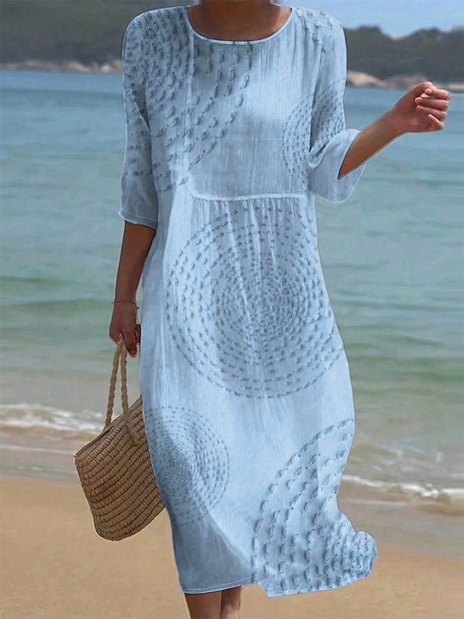 Robe femme midi fluide coton lin motif texturé manches 3/4 – été décontracté