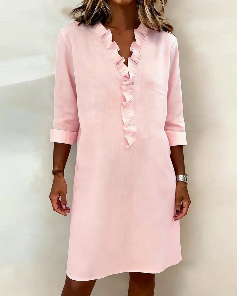 Robe Femme Col V Volants Coupe Droite Chic Décontractée