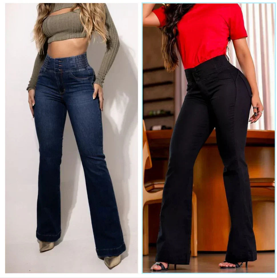 jean évasé taille haute en stretch