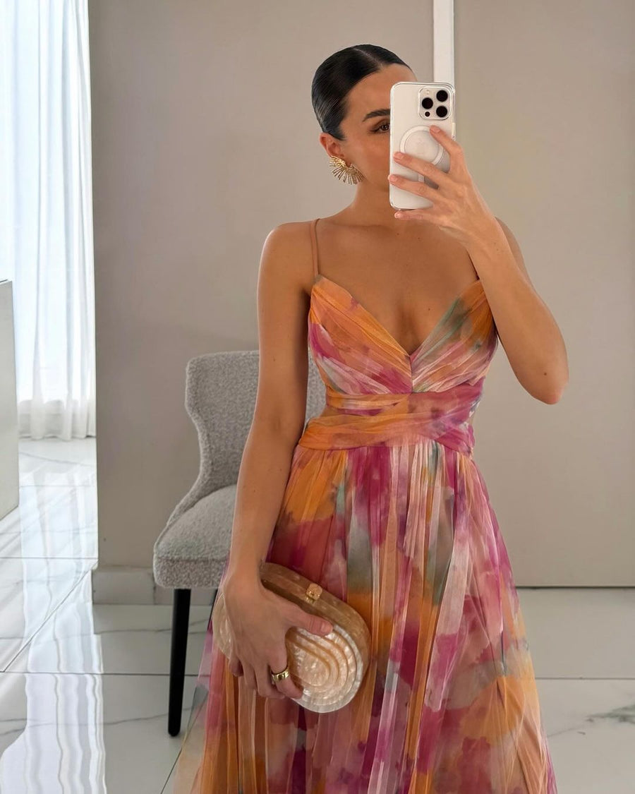 Robe femme maxi fluide imprimé floral bretelles fines col V – élégante été