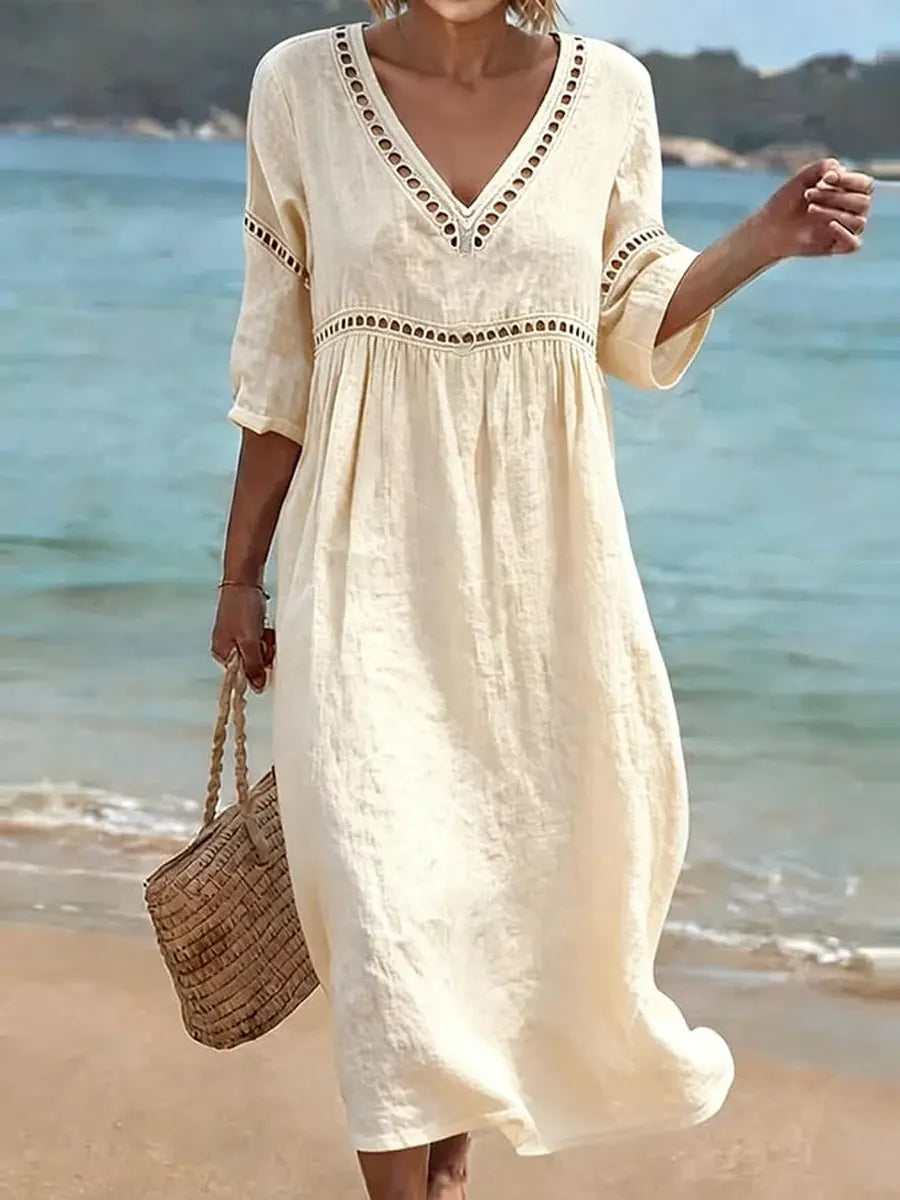 Robe Femme Coton Col V Coupe Fluide Style Décontracté Élégant