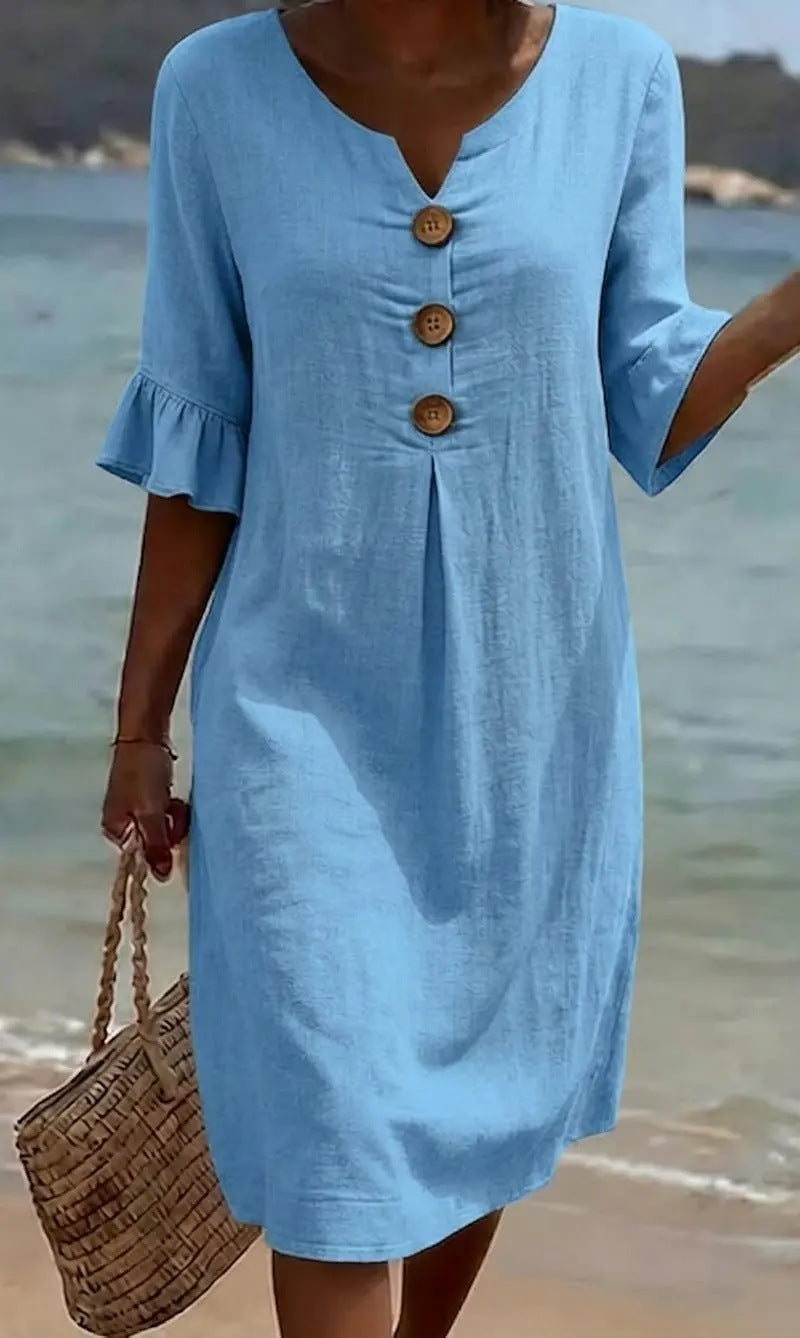 Robe Femme Coton Lin Boutonnée Manches Volantées Style Estival