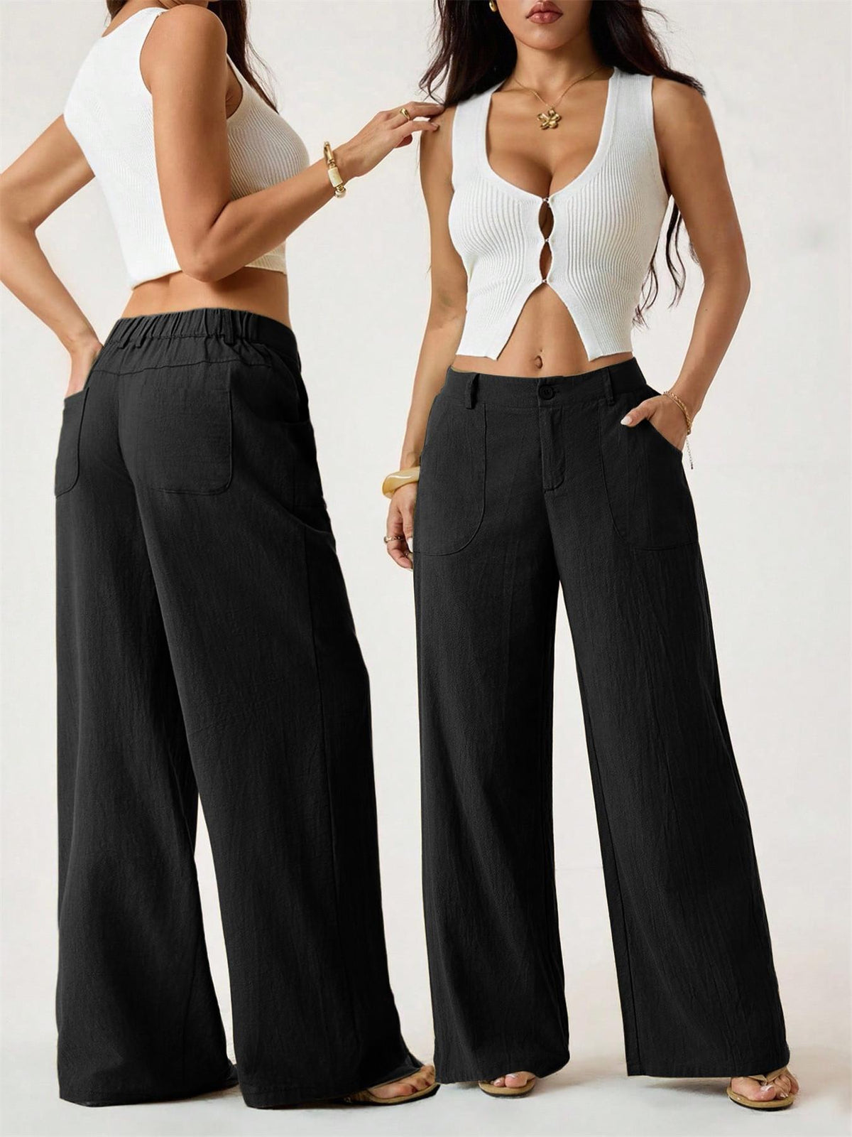 Pantalon large pour femme, avec poches et taille haute