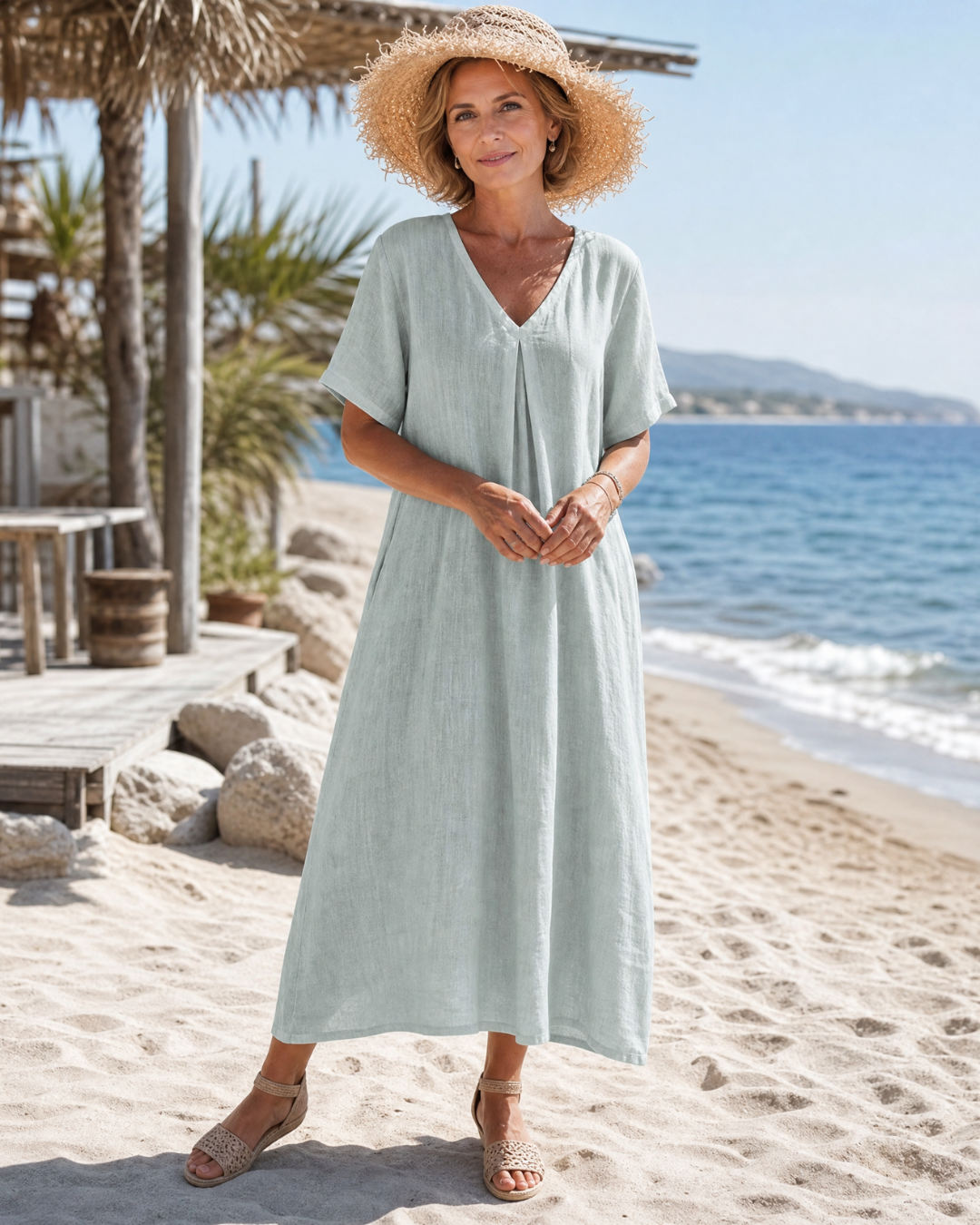 Thamal — Robe Midi Col V en Coton Lavé
