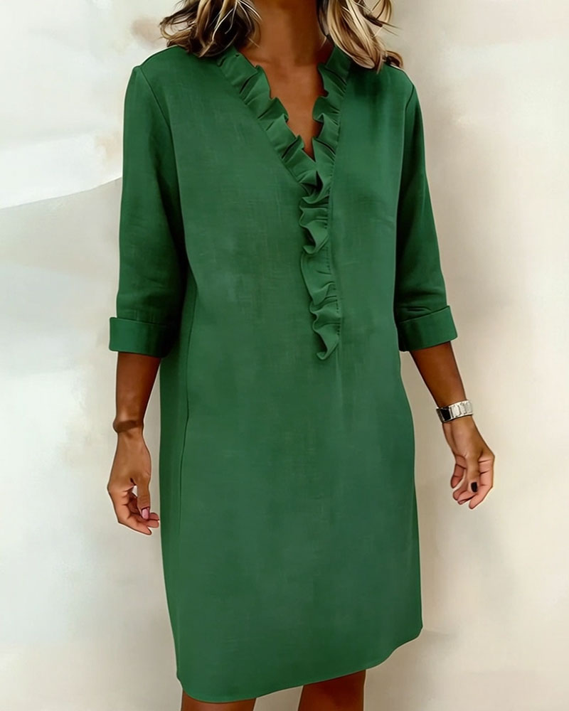 Robe Femme Col V Volants Coupe Droite Chic Décontractée