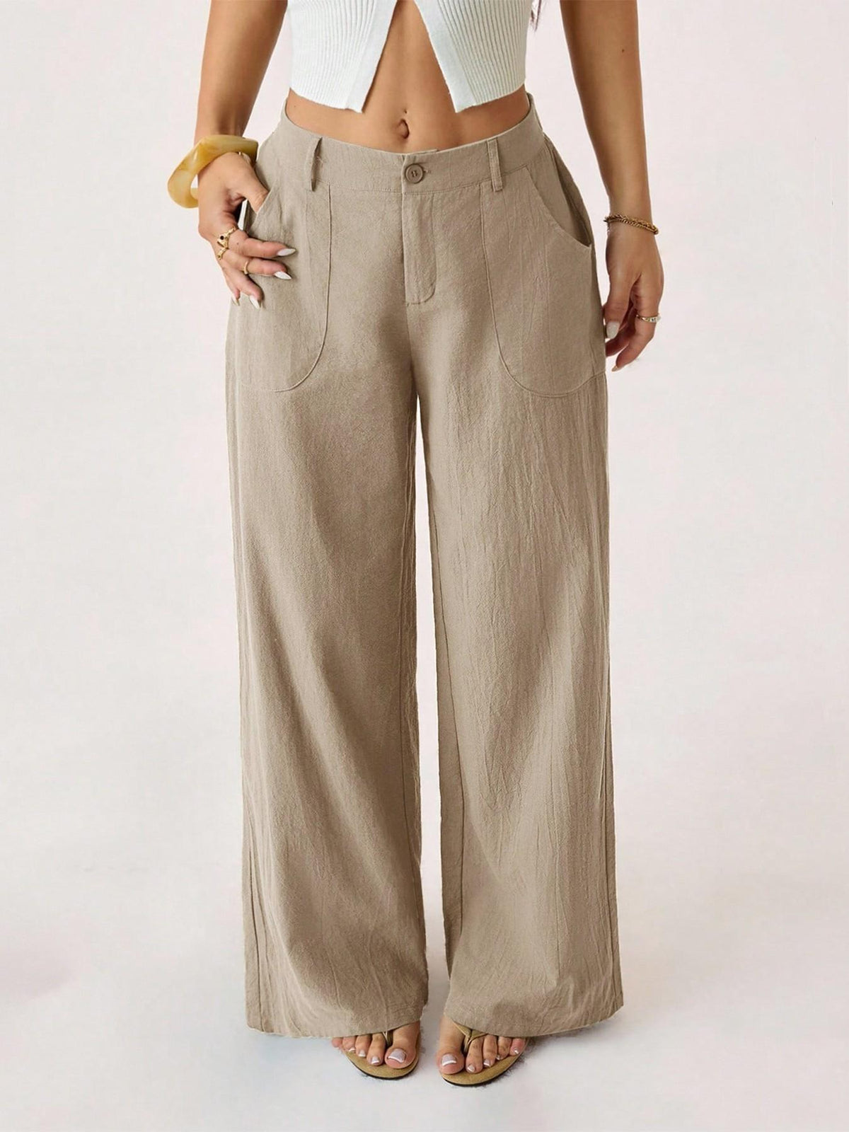 Pantalon large pour femme, avec poches et taille haute