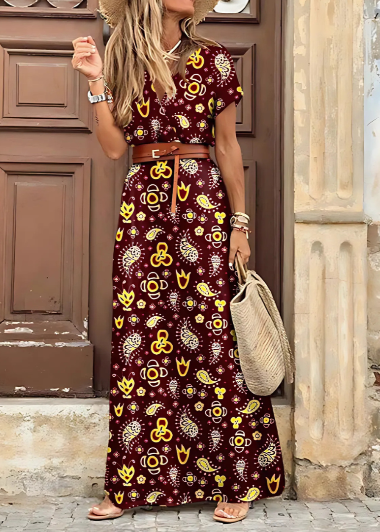 Robe femme maxi bohème fluide col V manches courtes élégante été