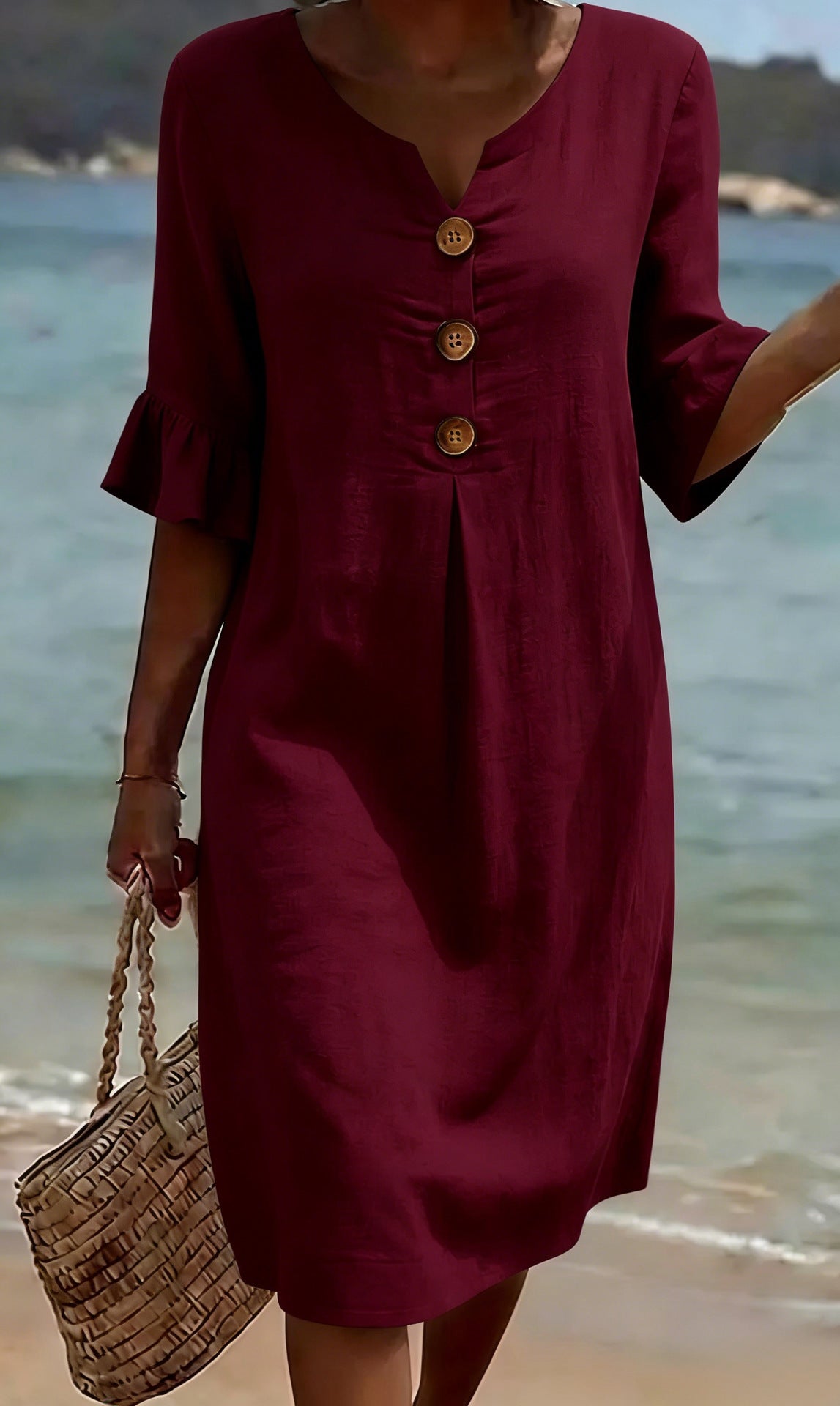 Robe Femme Coton Lin Boutonnée Manches Volantées Style Estival