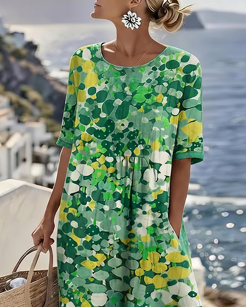 Robe Midi Femme Coton Lin Imprimé Floral Abstrait Poches Manches Courtes