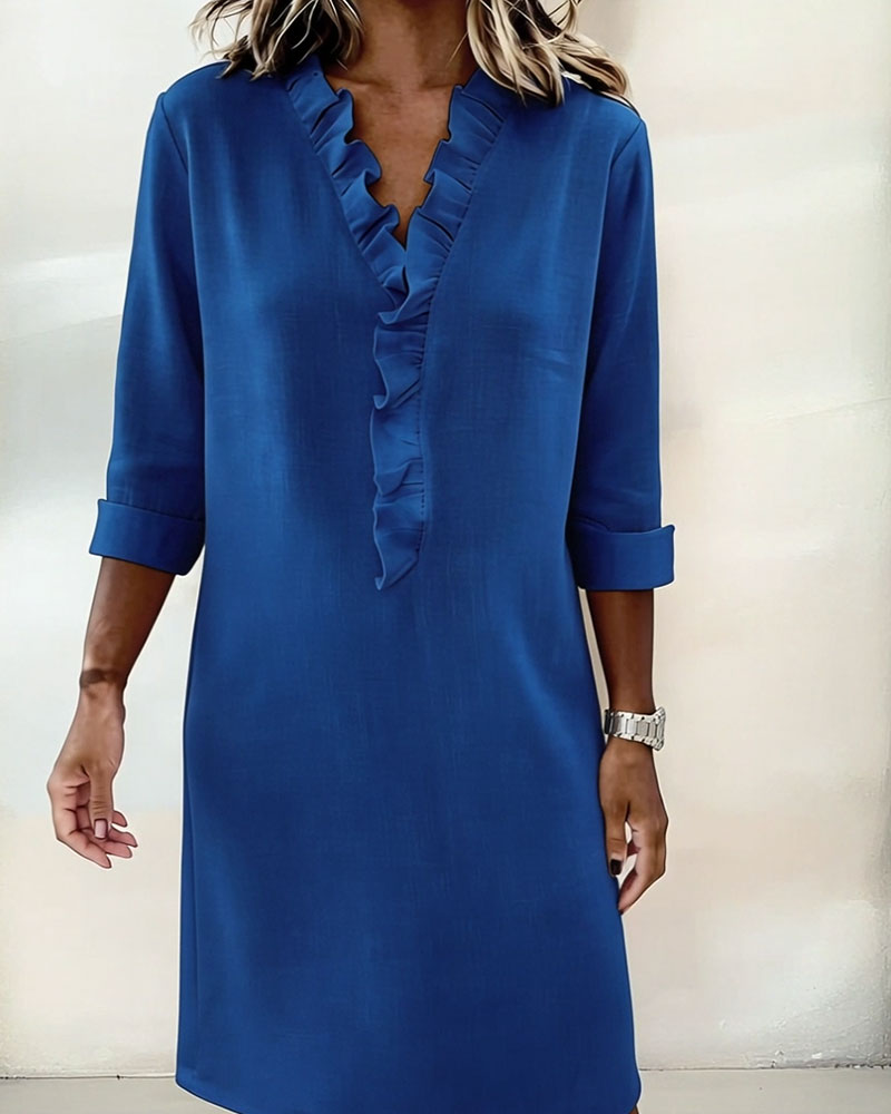 Robe Femme Col V Volants Coupe Droite Chic Décontractée
