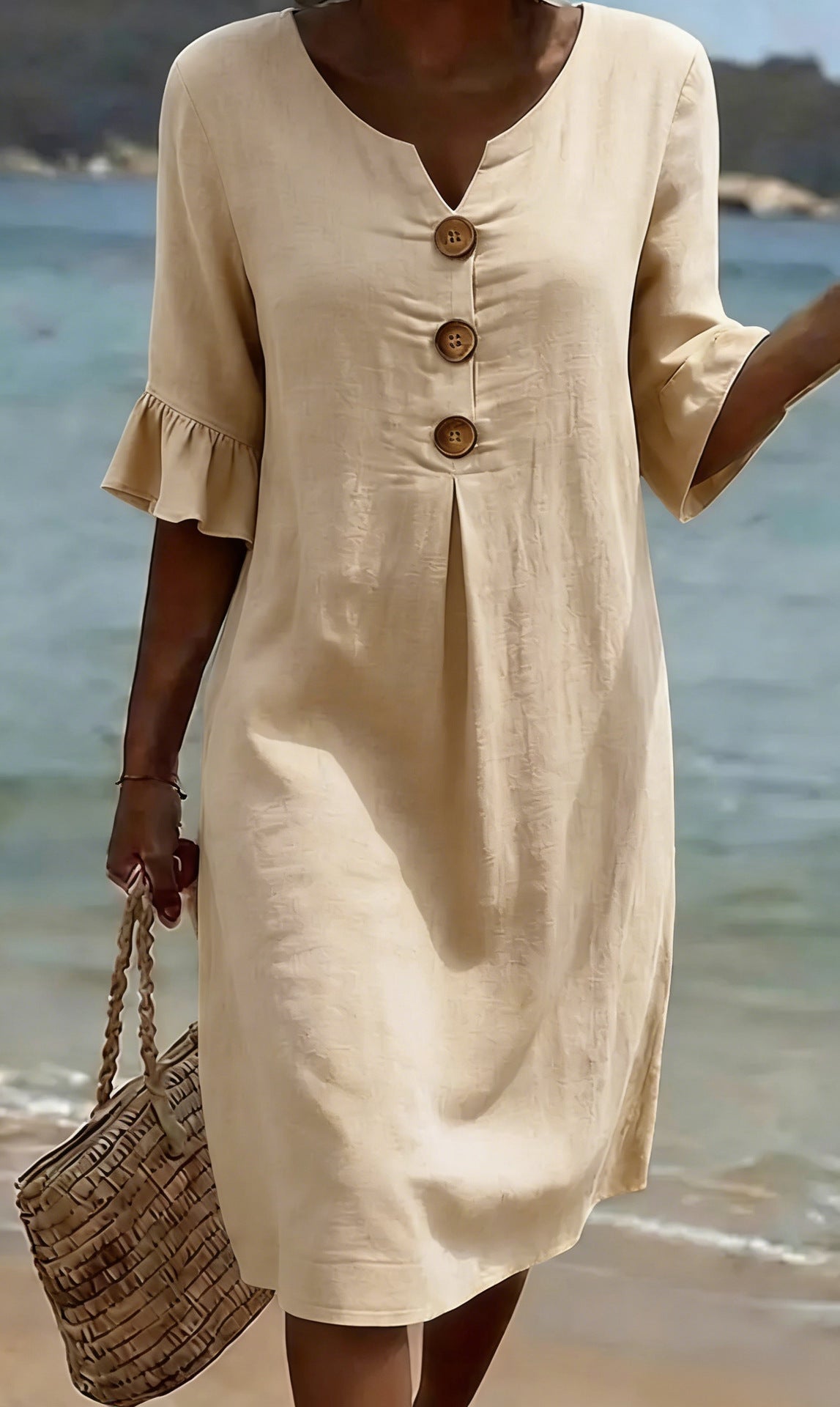 Robe Femme Coton Lin Boutonnée Manches Volantées Style Estival