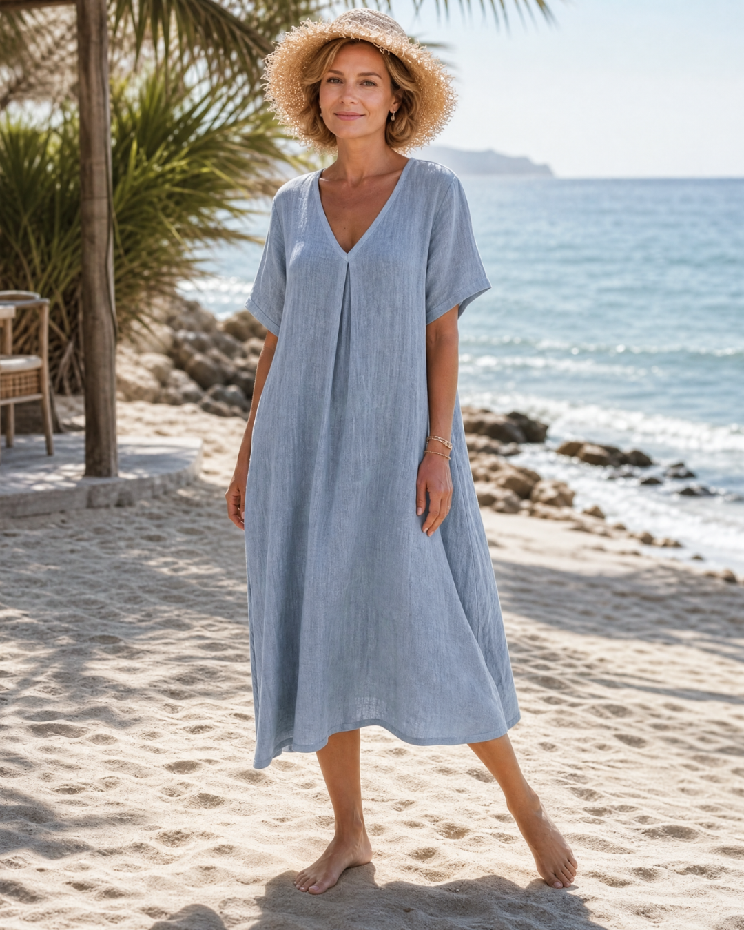 Thamal — Robe Midi Col V en Coton Lavé