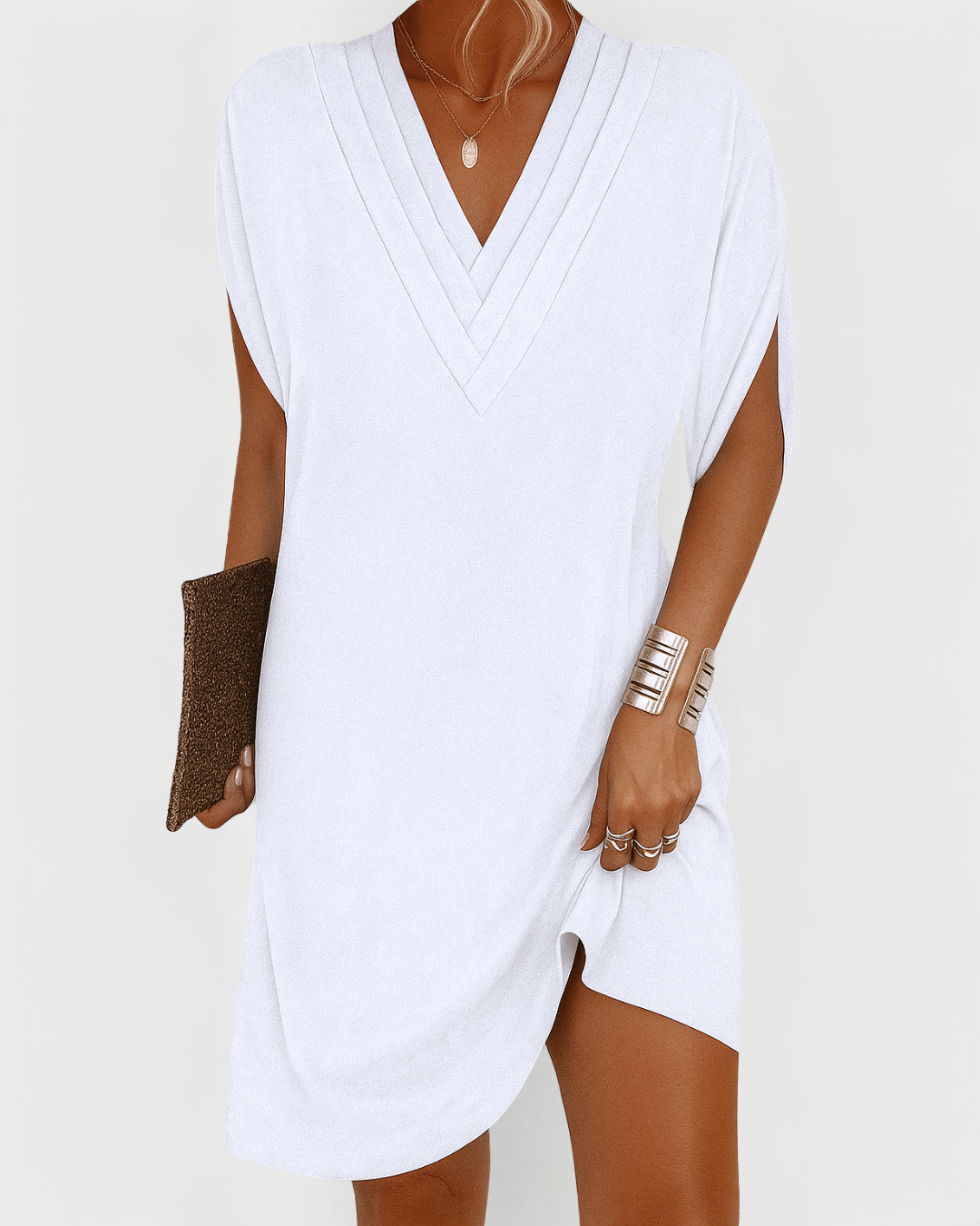 Robe femme élégante fluide col V coupe droite manches courtes été chic