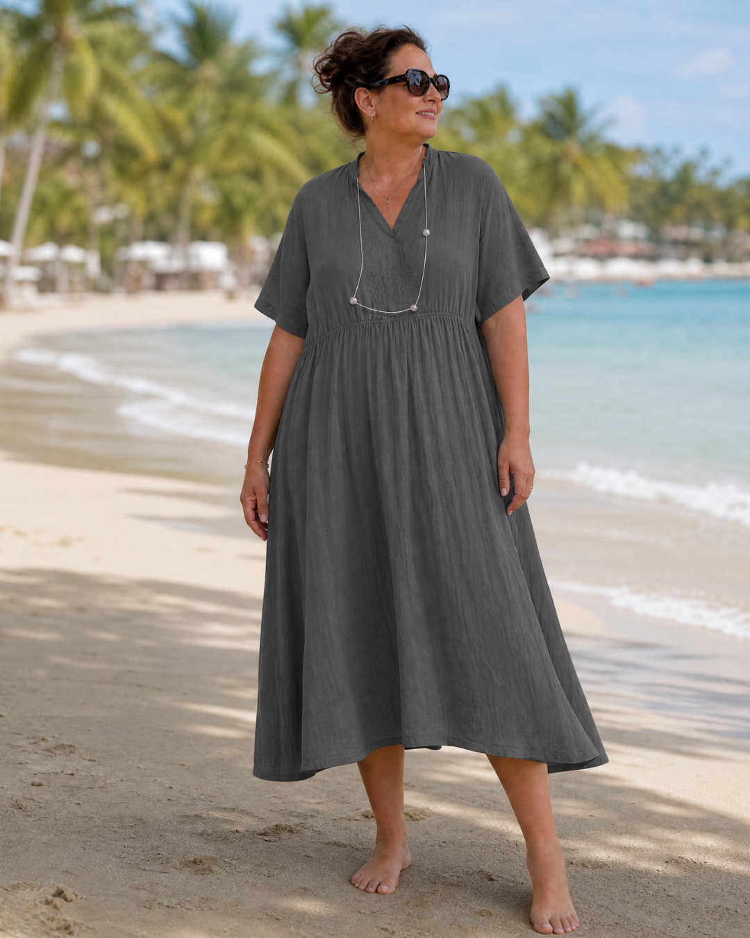 Eupherene — Robe Midi Texturée Col V Manches Courtes