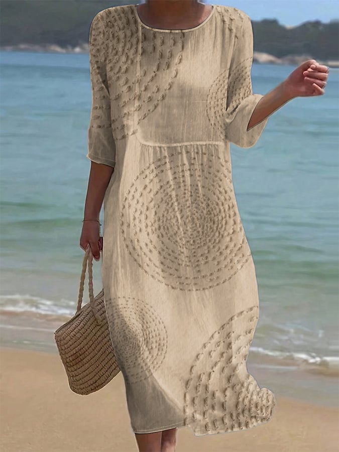 Robe femme midi fluide coton lin motif texturé manches 3/4 – été décontracté