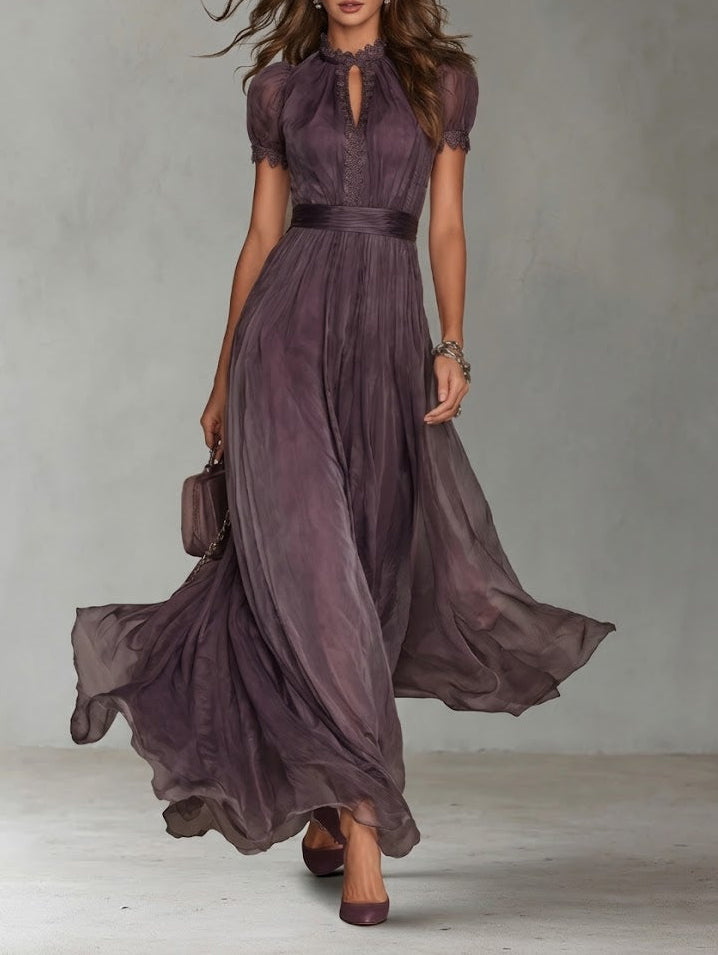 Robe Longue Femme Fluide en Chiffon Col Goutte Dentelle Coupe Élégante