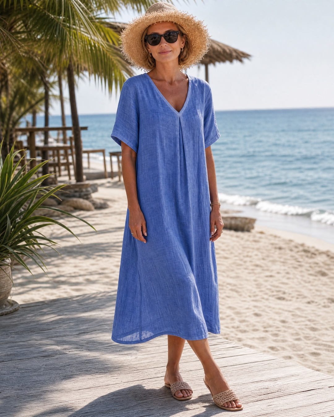 Thamal — Robe Midi Col V en Coton Lavé