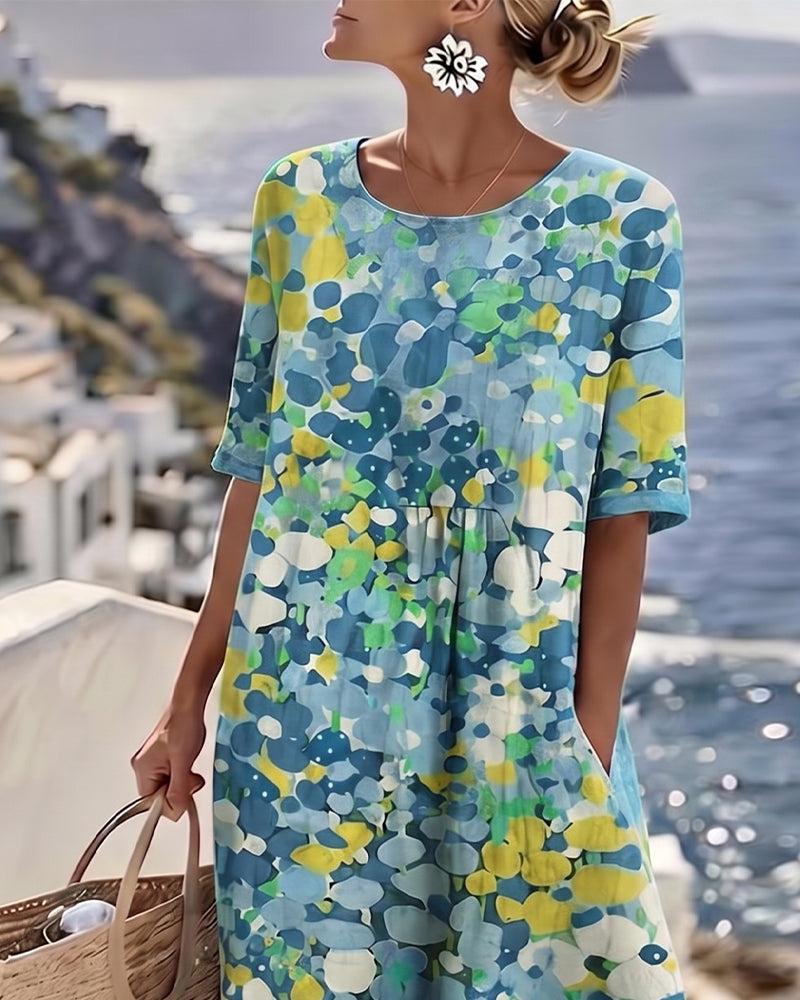 Robe Midi Femme Coton Lin Imprimé Floral Abstrait Poches Manches Courtes