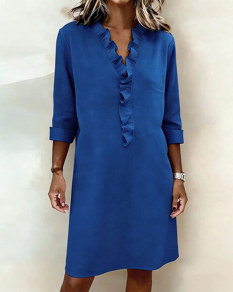 Robe Femme Col V Volants Coupe Droite Chic Décontractée