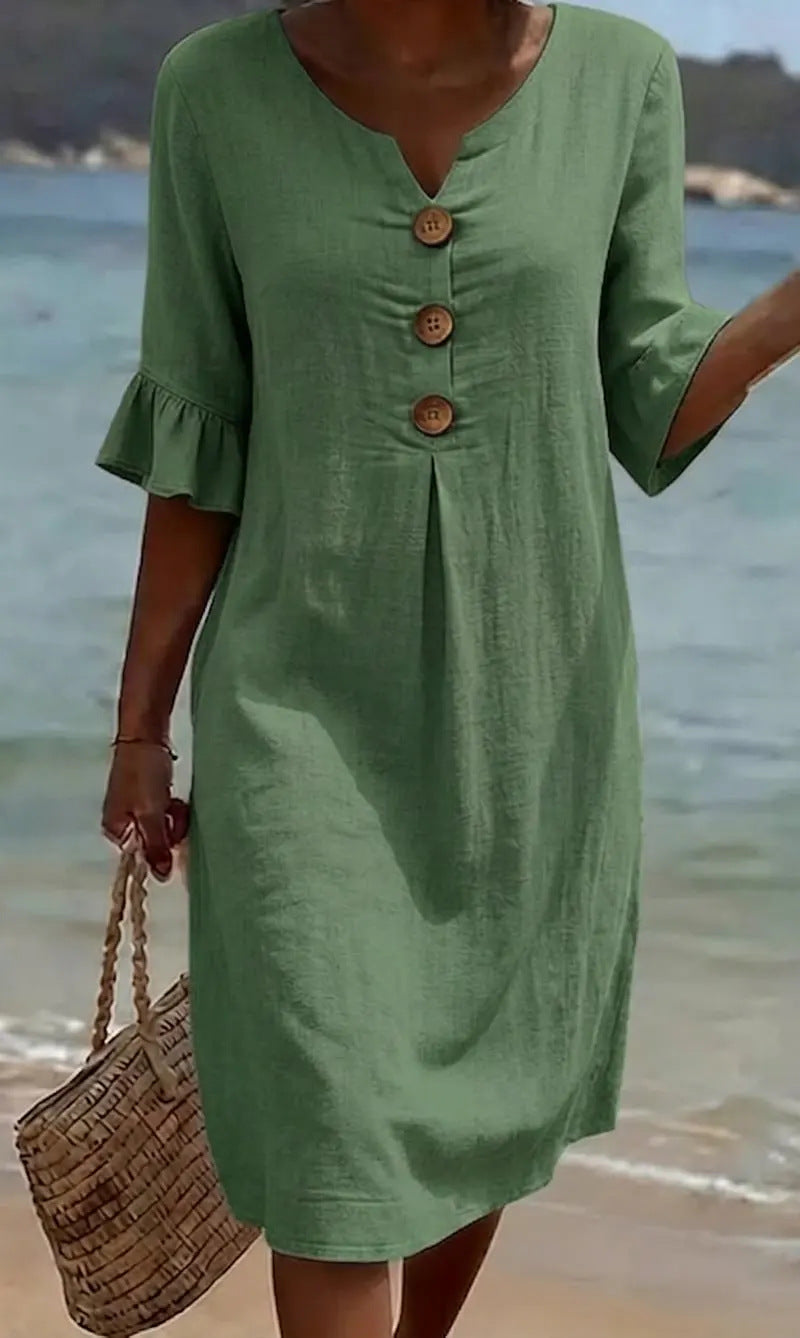 Robe Femme Coton Lin Boutonnée Manches Volantées Style Estival