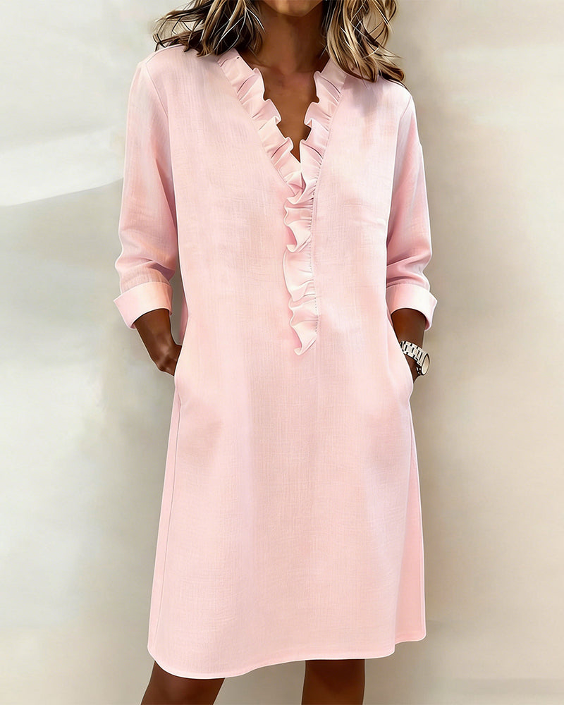 Robe Femme Col V Volants Coupe Droite Chic Décontractée