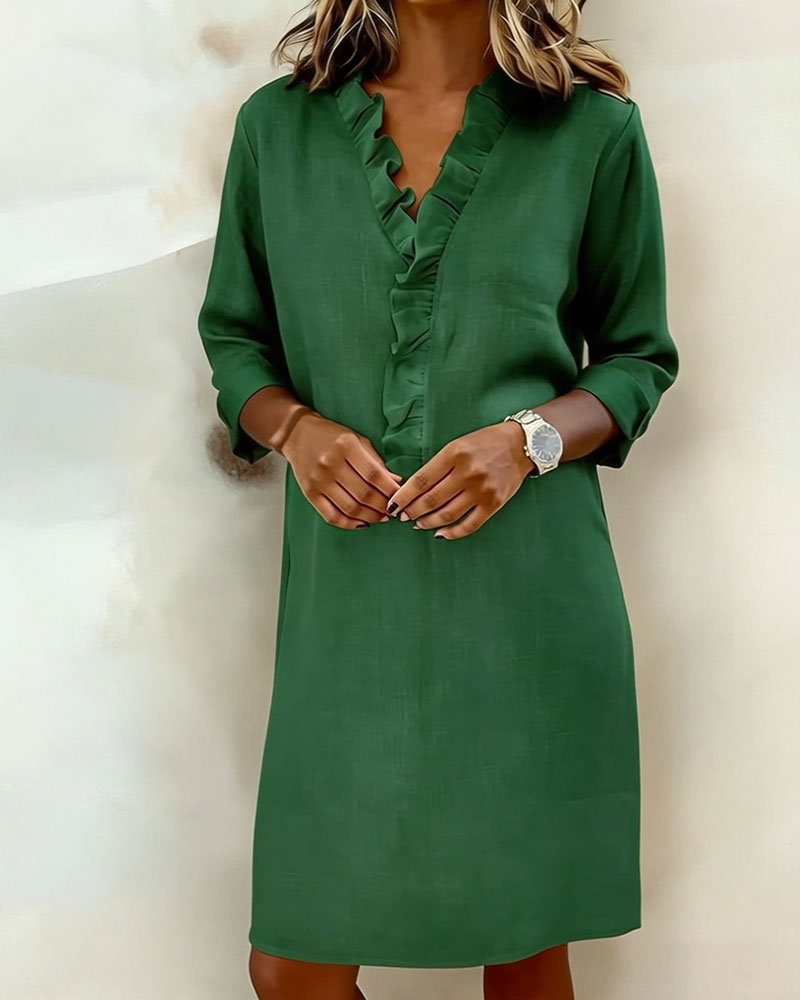 Robe Femme Col V Volants Coupe Droite Chic Décontractée