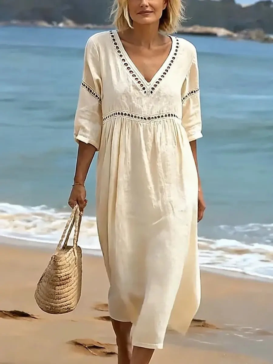 Robe Femme Coton Col V Coupe Fluide Style Décontracté Élégant