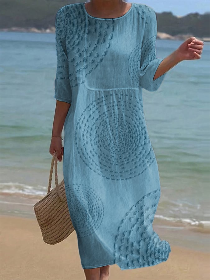 Robe femme midi fluide coton lin motif texturé manches 3/4 – été décontracté