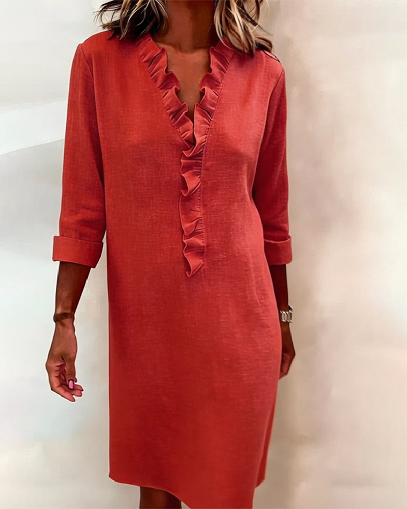 Robe Femme Col V Volants Coupe Droite Chic Décontractée
