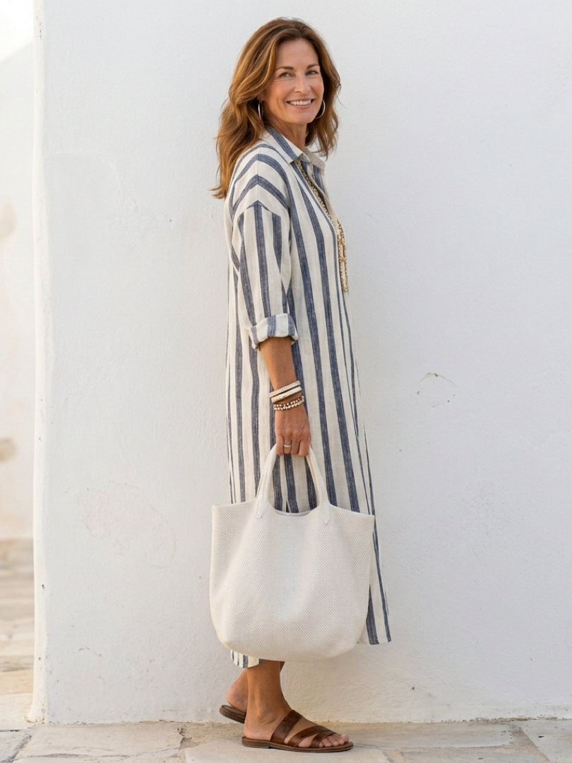 Naomi — Robe Chemise Mi-Longue Manches Longues Rayée