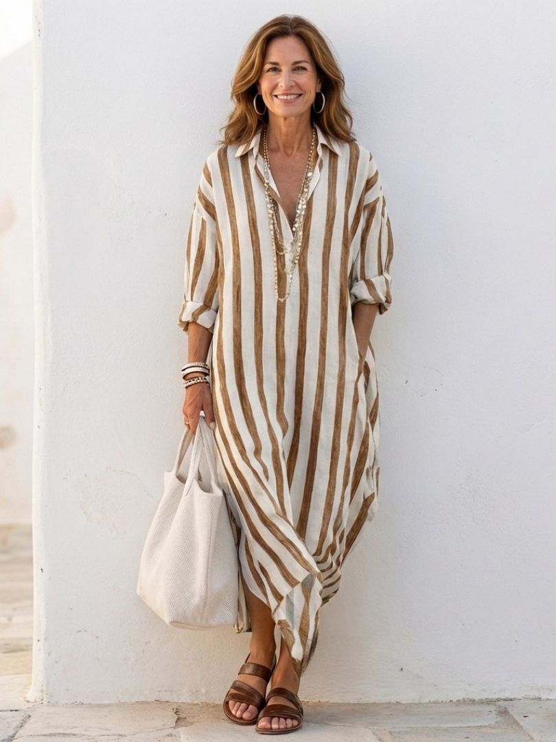 Naomi — Robe Chemise Mi-Longue Manches Longues Rayée