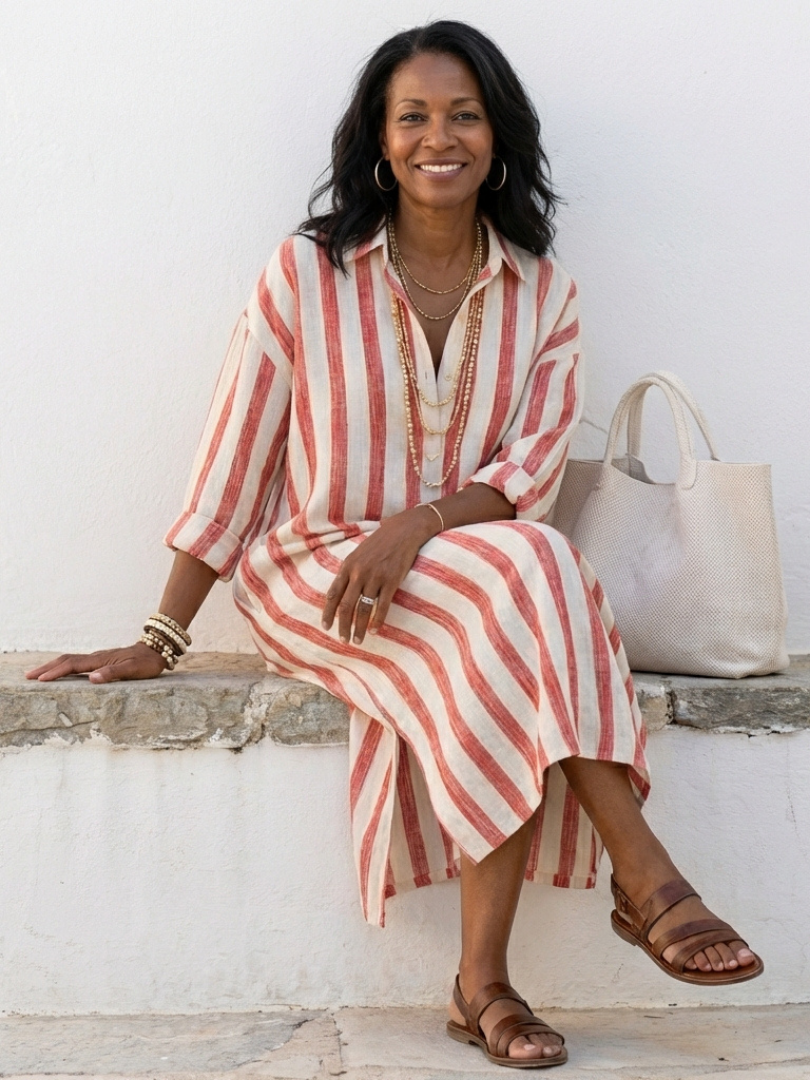 Naomi — Robe Chemise Mi-Longue Manches Longues Rayée